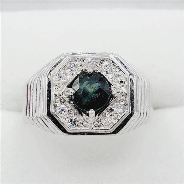 STERLING SILVER 5.2MM X 5.2MM GENUINE BLUE SAPPHIRE (0.7CTS) & CZ RING, W/A $825.00, SIZE 7.25