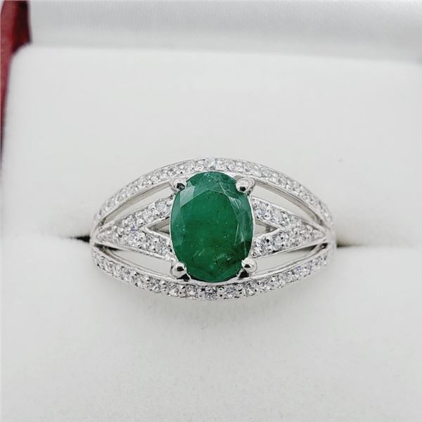 STERLING SILVER 8MM X 6.1MM NATURAL EMERALD (1CTS) & CZ RING, W/A $835.00, SIZE 7.75