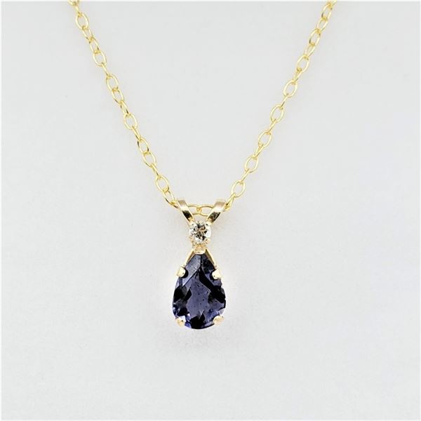 NEW 10KT. YELLOW GOLD 6.90MM X 5.03MM GENUINE IOLITE 90.5CTS) & MOONSTONE (0.10CTS) PENDANT WITH STE