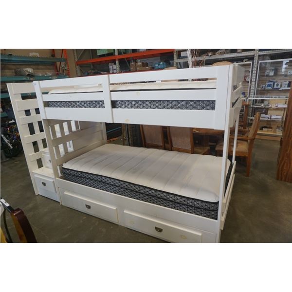 WHITE SINGLE SIZE BUNK BED WITH 2 ORGANIC COTTON MATTRESSES AND STORAGE STAIRS