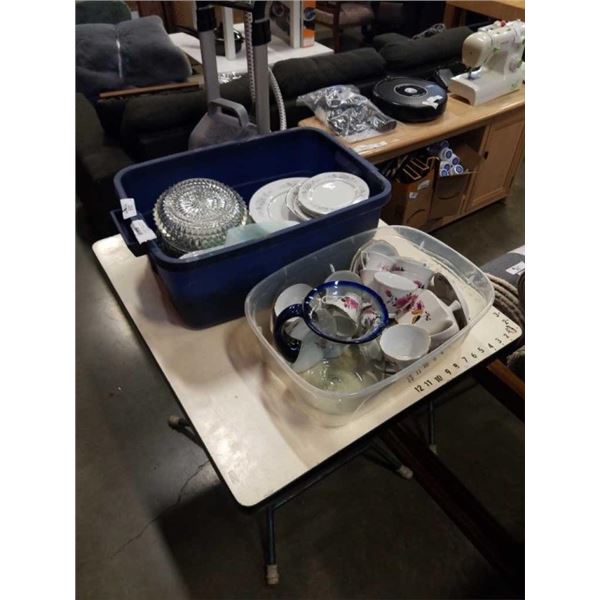 2 BINS OF DISHWARE, TEACUPS AND SAUCERS