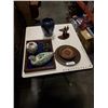 Image 1 : BOX OF PORCELAIN AND WOOD COLLECTIBLES WITH SHADOW BOX