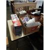 Image 1 : BOX OF AMAZON OVERSTOCK ITEMS AND USED TFAL ELITE 3 PIECE PAN SET
