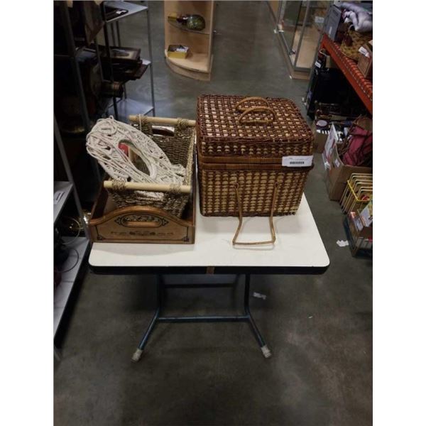 WICKER BASKET, WOVEN MIRROR, WOOD TRAY AND PICNIC BASKET WITH YARN AND CONTENTS