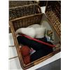 Image 6 : WICKER BASKET, WOVEN MIRROR, WOOD TRAY AND PICNIC BASKET WITH YARN AND CONTENTS