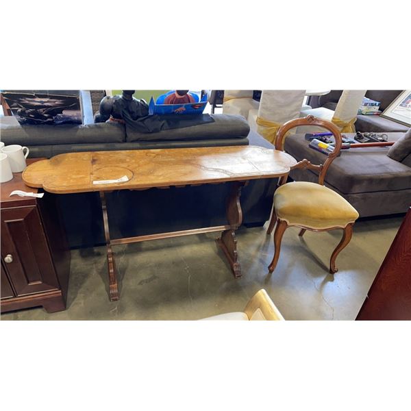 ANTIQUE CARVED DROPLEAF SIDE TABLE AND BALOON BACK CHAIR