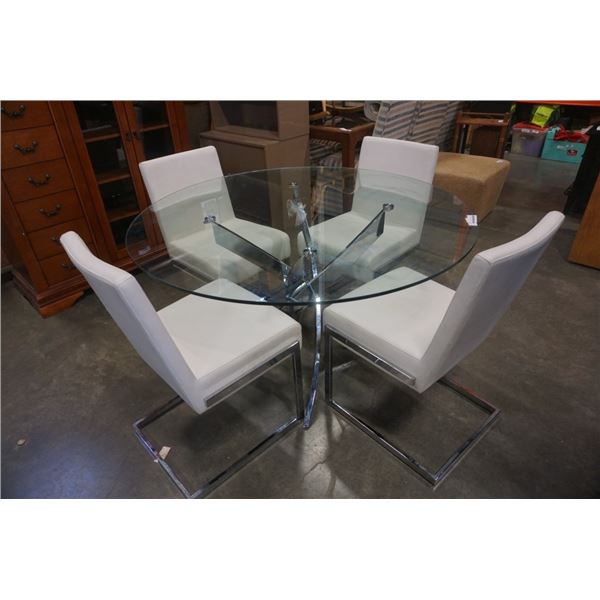 GLASS TOP CHROME BASE DINING TABLE WITH 4 WHITE AND CHROME DINING CHAIRS