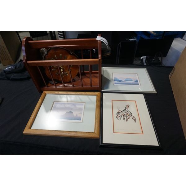 SIGNED BILL REID PRINT WITH 2 SIGNED PRINTS, BURL CLOCK AND MAGAZINE STAND