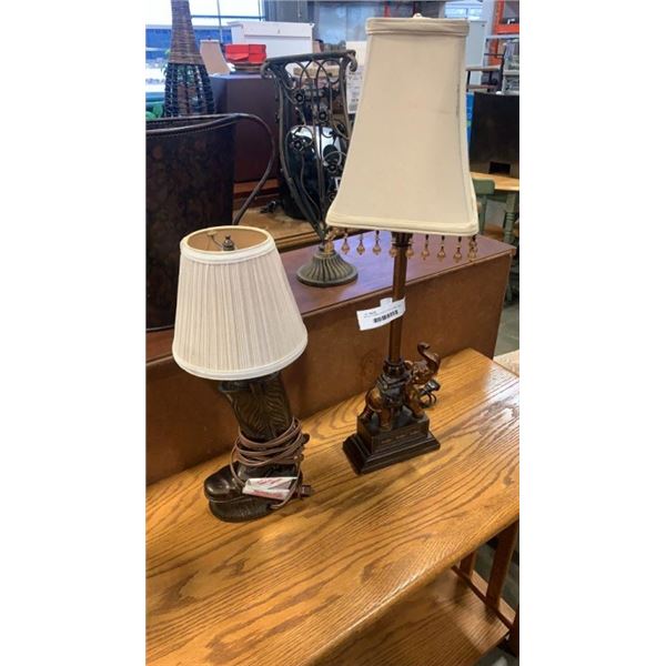 METAL COWBOY BOOT TABLE LAMP AND ELEPHANT TABLE LAMP