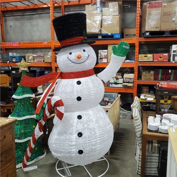 8 FT PRELIT SNOW MAN LAWN FIGURE ON STAND