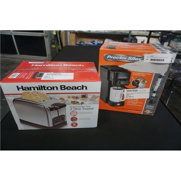 NEW HAMILTON BEACH STAINLESS 2 SLICE TOASTER AND PROCTOR SILEX SINGLE SERVE COFFEE MAKER BOTHE TESTE