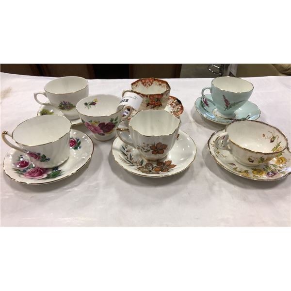 6 TEACUPS AND SAUCERS AND EXTRA CUP - ROYAL ALBERT, WINDOR, FOLLEY, ETC