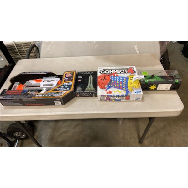 4 NEW TOYS MAX FORCE PAPER DART GUN, RC HELICOPTER, NANOBLOCK EMPIRE STATE BUILDING AND CONNECT 4