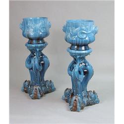 A PAIR OF MASSIVE MAJOLICA-STYLE AQUATIC-THEMED JARDINIERES