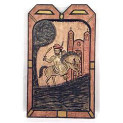 A PAINTED AND CARVED WOOD "SAN SANTIAGO" WALL PANEL
