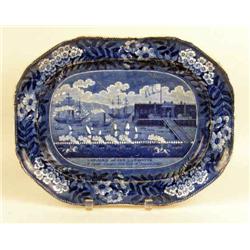 A HISTORICAL FLOW-BLUE CLEWS STAFFORDSHIRE PLATTER, "LANDING OF LAFAYETTE"