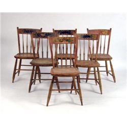 SIX STENCILED YELLOW THUMBBACK WINDSOR CHAIRS