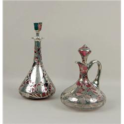 TWO CRANBERRY GLASS STERLING SILVER OVERLAY DECANTERS