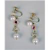 Image 1 : A PAIR OF 18K YELLOW GOLD, PEARL, RUBY AND DIAMOND DROP EARRINGS