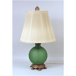 A BULBOUS GREEN GLASS TABLE LAMP