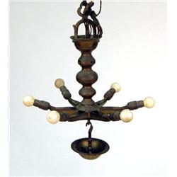 A JUDAICA BRASS OIL LAMP FITTED AS A CHANDELIER