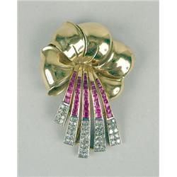 A RETRO FRENCH 18K YELLOW GOLD, DIAMOND AND SIMULATED RUBY FLOWER-FORM BROOCH