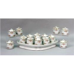 A SET OF FRENCH PORCELAIN POT AU CREME CUPS AND SERVING TRAY