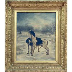 A FRAMED OIL ON CANVAS OF TWO DOGS