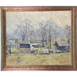 A FRAMED OIL ON CANVAS OF A VILLAGE