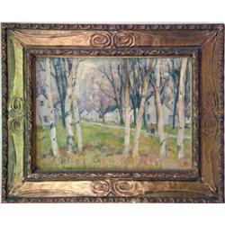 A FRAMED OIL ON CANVAS DEPICTING BIRCH TREES