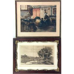 A LARGE SEPIA-TONED ETCHING OF COWS IN AN ELYSIAN SETTING