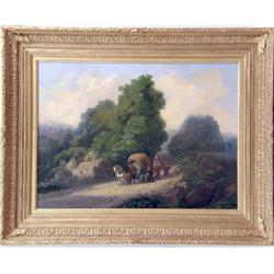 A FRAMED OIL ON CANVAS OF A HORSE-DRAWN CART AND PEASANTS ON A COUNTRY ROAD