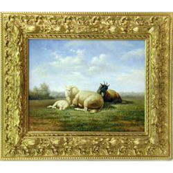 A FRAMED OIL ON PANEL OF SHEEP AND A GOAT