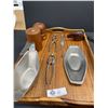 Image 2 : MCM 17" x 11" Teak Handled Tray with Various Mid Century Servers