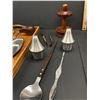 Image 3 : MCM 17" x 11" Teak Handled Tray with Various Mid Century Servers