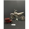 Image 1 : Vintage Aluminum Motorcycle Art Sculpture and Vintage Cast Metal Model T Ford Sedan Car