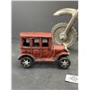 Image 2 : Vintage Aluminum Motorcycle Art Sculpture and Vintage Cast Metal Model T Ford Sedan Car