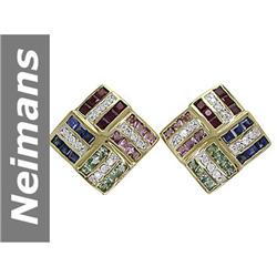 4.37 ct Blue, Green, Pink Sapphire & Ruby & Diamond Earrings 14kt Gold