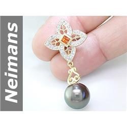 11 MM Black Tahitian Pearl & Orange Sapphire & Diamond Pendant 14kt Gold