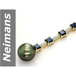 14.5 MM Black Tahitian Pearl & Blue, White Sapphire Pendant 14kt Gold