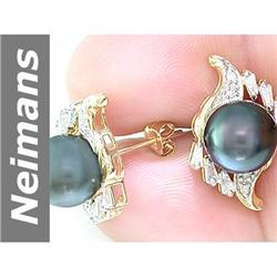 11 MM Black Tahitian Pearl & Diamond Earrings 14kt Gold