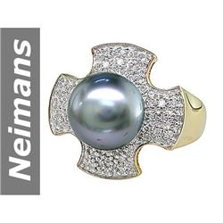 10 MM Black Tahitian Pearl & Diamond Ring 14kt Gold