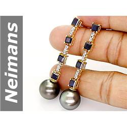 12.5 MM Black Tahitian Pearl & Blue, White Sapphire Earrings 14kt Gold