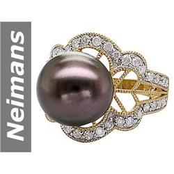11.5 MM Black Tahitian Pearl & Diamond Ring 14kt Gold