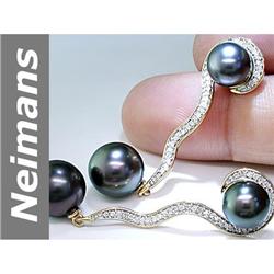 8.5-9.5-10 MM Black Tahitian Pearl & Diamond Earrings 14kt Gold