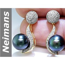 8.5 MM Black Tahitian Pearl & Diamond Earrings 14kt Gold