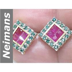 2.58 ct Blue Diamond & Ruby Earrings 14kt Gold