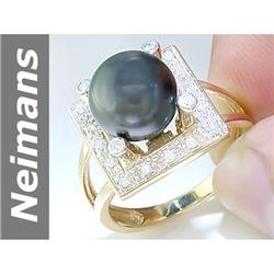 9.5 MM Black Tahitian Pearl & Diamond Ring 14kt Gold