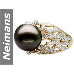 12.5 MM Black Tahitian Pearl & Diamond Ring 14kt Gold