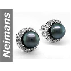 11 MM Black Tahitian Pearl & Diamond Earrings 14kt Gold